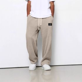 Waffle Straight Pants Fashion Brand Loose Loose  Drawstring Pockets Trousers Casual Men's Clothing (Option: Khaki-5XL)