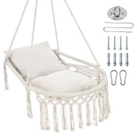 Beige Boho Macrame Hanging Swing Chair with 2 Padded Cushions, 330LBS Capacity Hammock Chair for Indoor Outdoor Bedroom Patio Balcony (Option: Default Title)