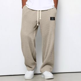 Waffle Straight Pants Fashion Brand Loose Loose  Drawstring Pockets Trousers Casual Men's Clothing (Option: Khaki-S)