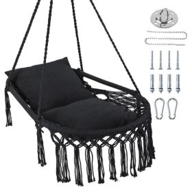 Black Boho Macrame Hanging Swing Chair with 2 Padded Cushions, 330LBS Capacity Hammock Chair for Indoor Outdoor Bedroom Patio Balcony (Option: Default Title)