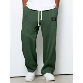 Waffle Straight Pants Fashion Brand Loose Loose  Drawstring Pockets Trousers Casual Men's Clothing (Option: Dark Green-XL)