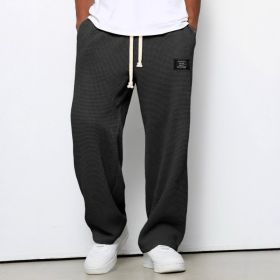 Waffle Straight Pants Fashion Brand Loose Loose  Drawstring Pockets Trousers Casual Men's Clothing (Option: Black-4XL)